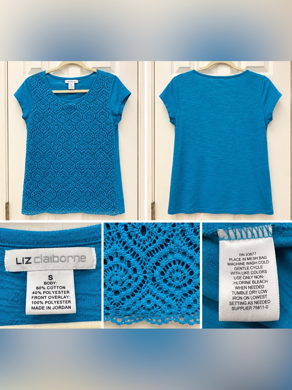 Liz Claiborne Teal Crochet Lace Front Top Women’s S Short Sleeve